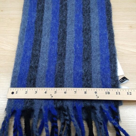 PAUL SMITH Mens Scarf Blue Stripe Cozzy Fuzzy Knit Fringe Hem Logo 11x70 $125 - Picture 5 of 7